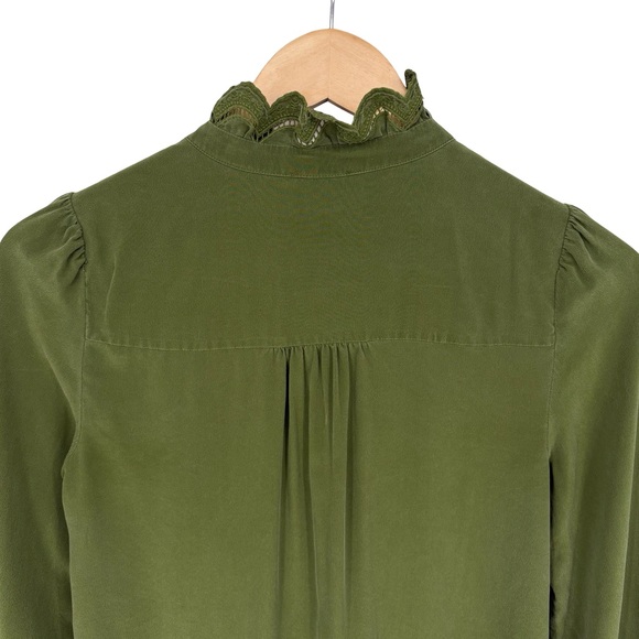 Sézane Chlo Embroidered 100% Silk Long Sleeve Blouse | Sz FR 32 (US 0) | Olive - Picture 13 of 16
